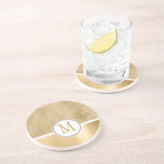 Gold Glam Sparkle Monogram Zandsteen Onderzetter (Zijkant)