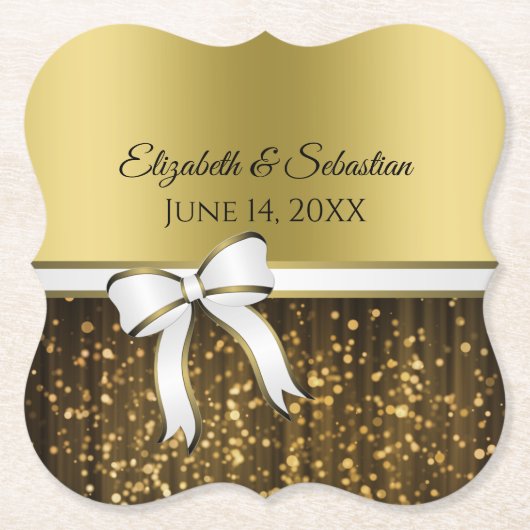 Gold Glam Sparkles & White Ribbon Elegant Wedding Kartonnen Onderzetters (Voorkant)