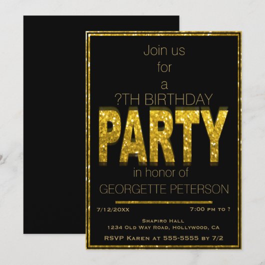 Gold Glam | Uitnodiging van de partij Birthday (Voorkant / Achterkant)