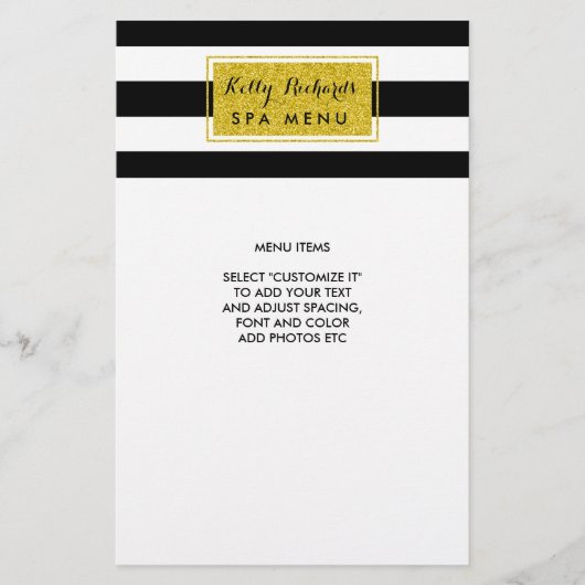 Gold Glamor Black White Stripes Salon Menu (Voorkant)
