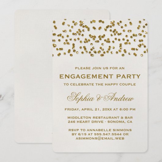 Gold Glamor Glitter Confetti Engagement Party Kaart (Voorkant / Achterkant)