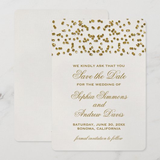 Gold Glamor Glitter Confetti Save the Date (Voorkant / Achterkant)