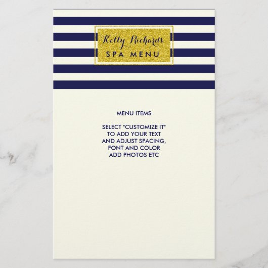 Gold Glamor Navy Blue Ivory Stripes Salon Menu (Voorkant)