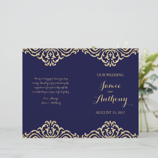 Gold  Glamor Navy Fold Wedding Program (Staand voorkant)