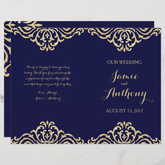 Gold Glamor Navy Fold Wedding Program (Voorkant / Achterkant)