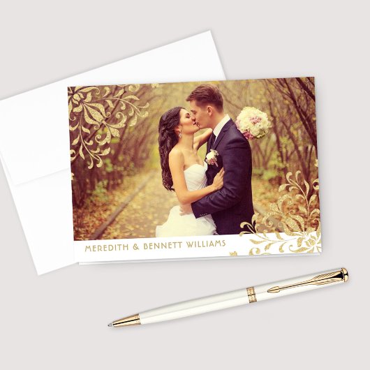 Gold  Glamor Weduwfoto Monogram Bedankkaart