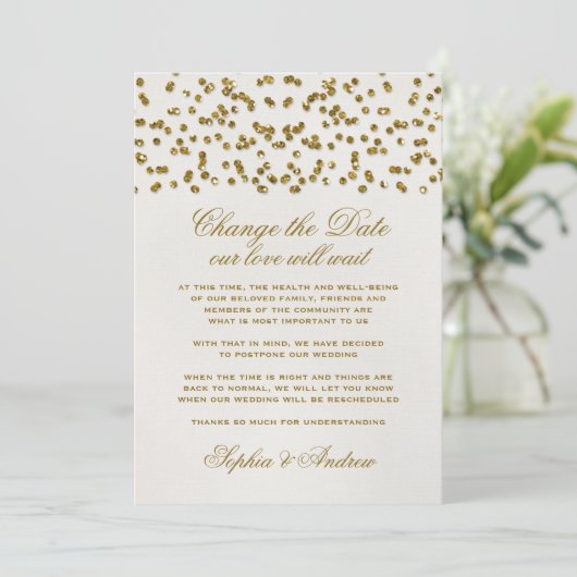 Gold Glamour Glitter Confetti Wijzig de datum Kaart (Staand voorkant)