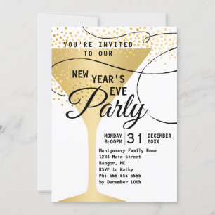 Gold Glass Confetti White New Years Eve Party 2019 Kaart