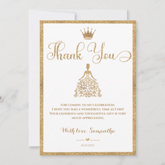 Gold Gliter Princess Baby shower Bedankt Card (Voorkant)