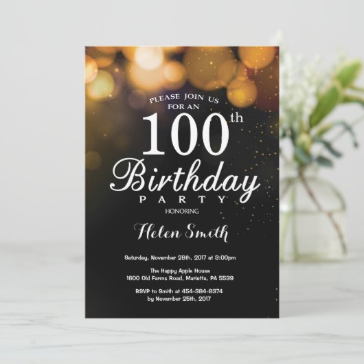 Gold Glitter 100th Birthday Invitation Card Kaart (Staand voorkant)