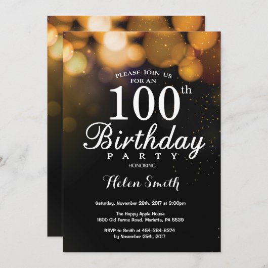 Gold Glitter 100th Birthday Invitation Card Kaart (Voorkant / Achterkant)