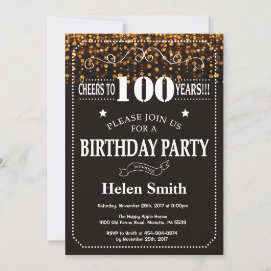 Gold Glitter 100th Birthday Invitation Kaart (Voorkant)