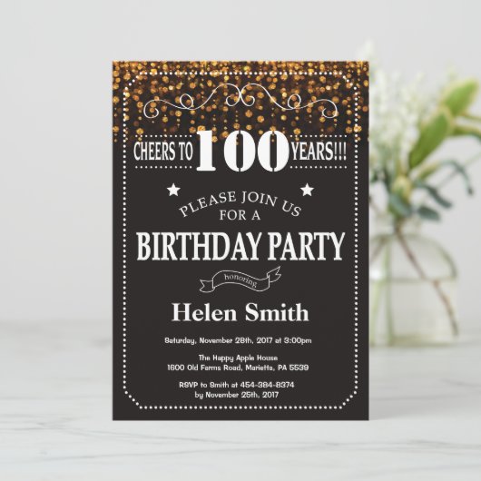 Gold Glitter 100th Birthday Invitation Kaart (Staand voorkant)