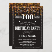 Gold Glitter 100th Birthday Invitation Kaart (Voorkant / Achterkant)