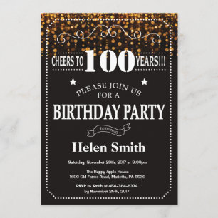 Gold Glitter 100th Birthday Invitation Kaart