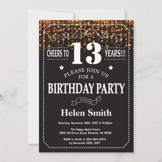 Gold Glitter 13th Birthday Invitation Kaart (Voorkant)