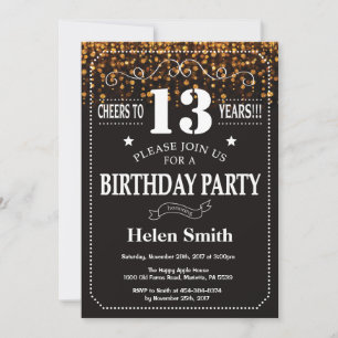 Gold Glitter 13th Birthday Invitation Kaart