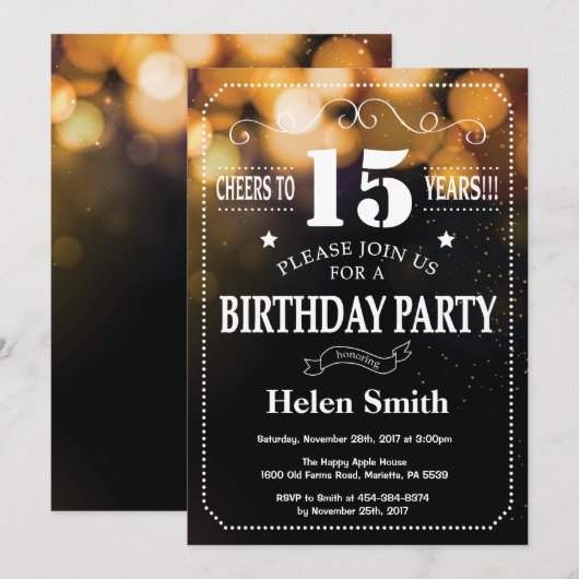 Gold Glitter 15th Birthday Invitation Kaart (Voorkant / Achterkant)