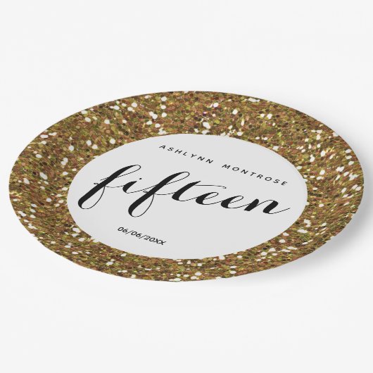 Gold Glitter 15th Birthday Papieren Bordje (Gekanteld)