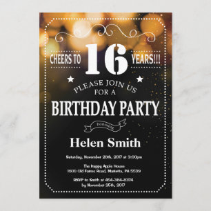 Gold Glitter 16th Birthday Invitation Kaart