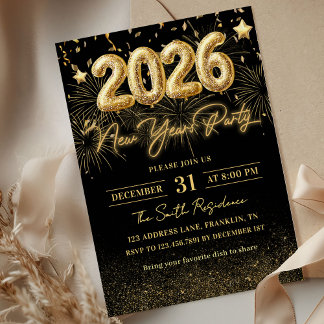 Gold Glitter 2026 New Year Party Invitation Kaart