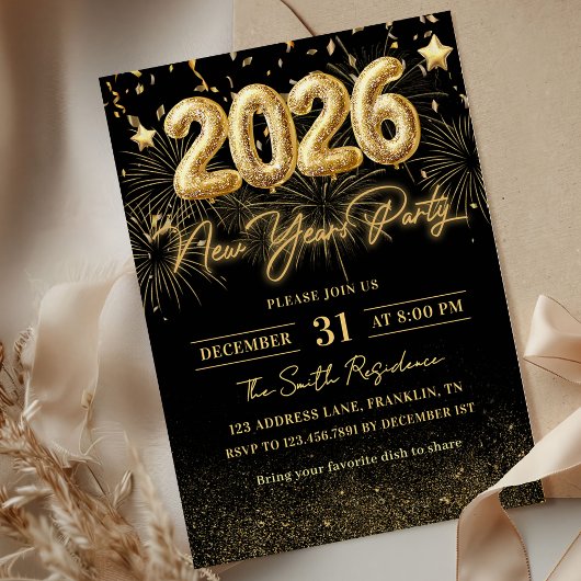 Gold Glitter 2026 New Year Party Invitation Kaart