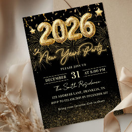 Gold Glitter 2026 New Year Party Invitation Kaart