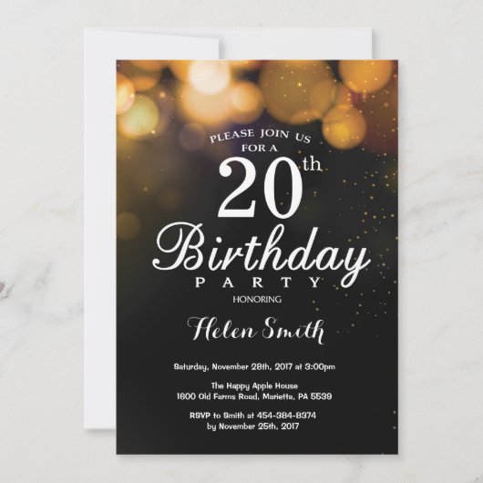 Gold Glitter 20th Birthday Invitation Card Kaart (Voorkant)