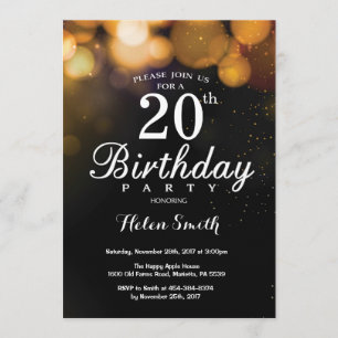 Gold Glitter 20th Birthday Invitation Card Kaart