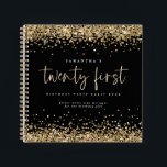 Gold Glitter 21st Birthday Black Guest Book Notitieboek<br><div class="desc">Gold Glitter Borders 21st Birthday Party Black Guest Book Classic black and gold elegance voor deze alternatieve mogelijkheid voor gasten om hun wensen voor het verjaardagsmeisje te schrijven. De belangrijkste kopbal is in een reeks stijlvol manuscript en de rest van de tekst u kunt gemakkelijk personaliseren.</div>