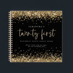 Gold Glitter 21st Birthday Black Guest Book Notitieboek<br><div class="desc">Gold Glitter Borders 21st Birthday Party Black Guest Book Classic black and gold elegance voor deze alternatieve mogelijkheid voor gasten om hun wensen voor het verjaardagsmeisje te schrijven. De belangrijkste kopbal is in een reeks stijlvol manuscript en de rest van de tekst u kunt gemakkelijk personaliseren.</div>