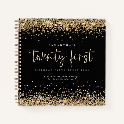 Gold Glitter 21st Birthday Black Guest Book Notitieboek (Voorkant)