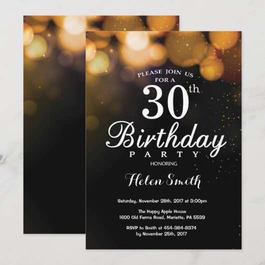 Gold Glitter 30th Birthday Invitation Card Kaart (Voorkant / Achterkant)