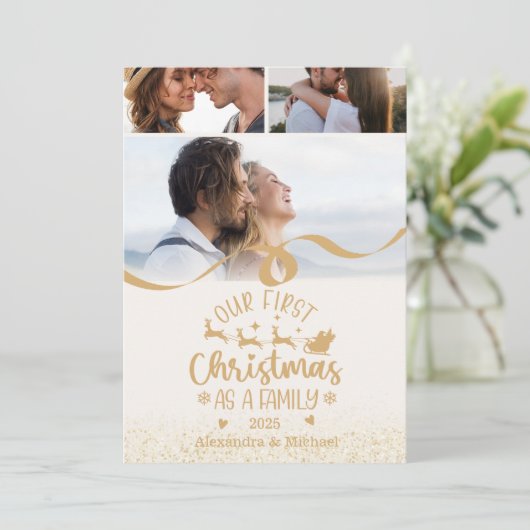 Gold Glitter 3 Photo Christmas Feestdagenkaart (Staand voorkant)