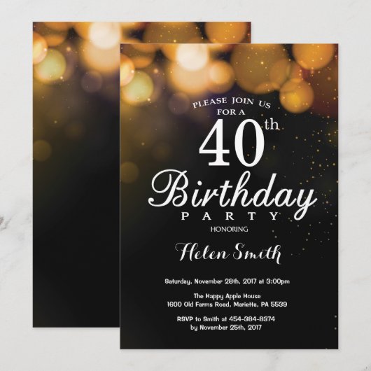 Gold Glitter 40th Birthday Invitation Card Kaart (Voorkant / Achterkant)