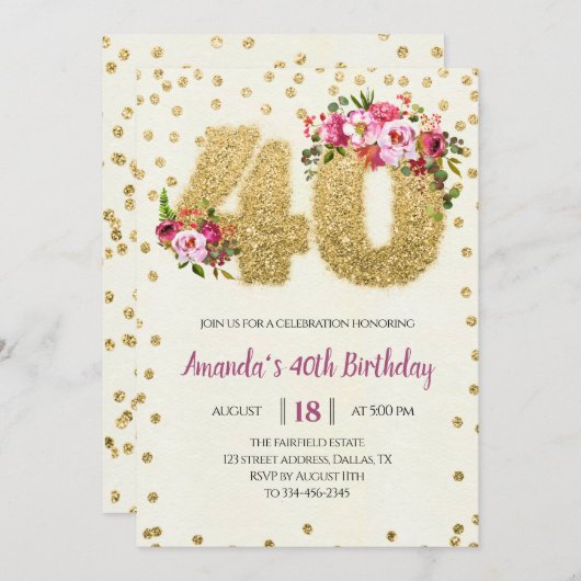 Gold Glitter 40th Birthday Invitation Kaart (Voorkant / Achterkant)