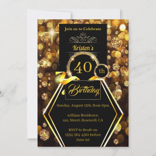 Gold Glitter 40th Birthday Invitation Kaart (Voorkant)