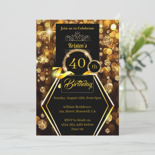 Gold Glitter 40th Birthday Invitation Kaart (Staand voorkant)