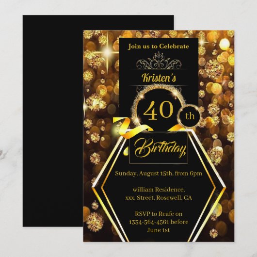 Gold Glitter 40th Birthday Invitation Kaart (Voorkant / Achterkant)
