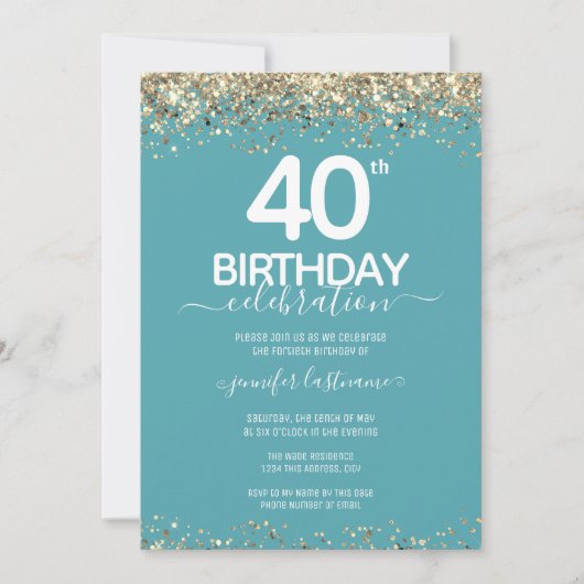 Gold Glitter 40th Birthday Party Invitation Kaart (Voorkant)