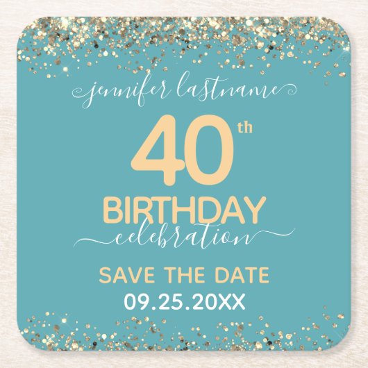 Gold Glitter 40th Birthday Save the Date Kartonnen Onderzetters (Voorkant)