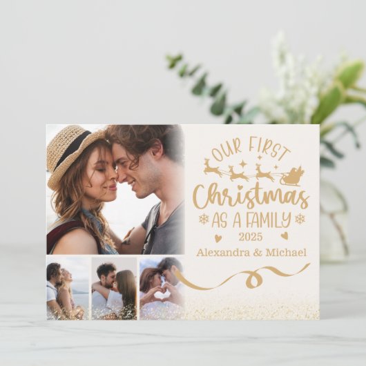 Gold Glitter 4 Photo First Christmas as a Family  Feestdagenkaart (Staand voorkant)