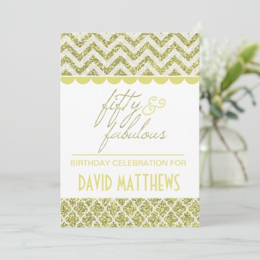 Gold Glitter 50 en Fabulous Birthday Invite Kaart (Staand voorkant)