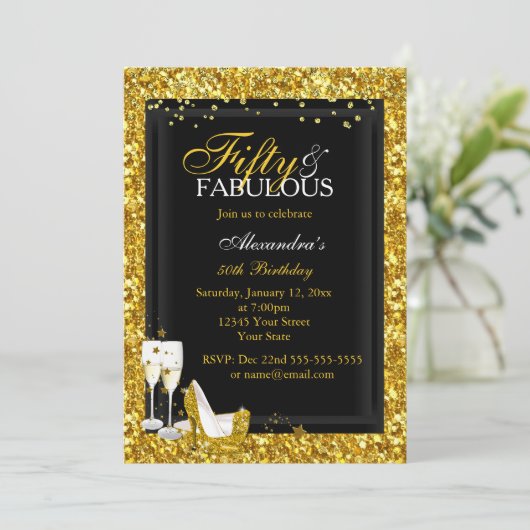 Gold Glitter 50 Fabulous Birthday champagne party Kaart (Staand voorkant)