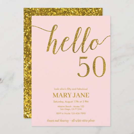 Gold Glitter 50e verjaardag Hallo 50 uitnodiging (Voorkant / Achterkant)