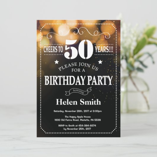 Gold Glitter 50th Birthday Invitation Kaart (Staand voorkant)