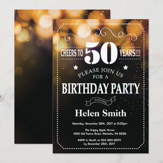 Gold Glitter 50th Birthday Invitation Kaart (Voorkant / Achterkant)
