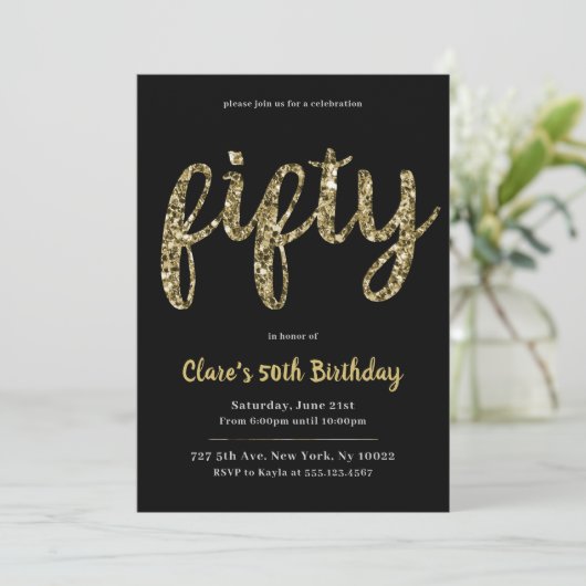 Gold Glitter 50th Birthday Invitations Kaart (Staand voorkant)