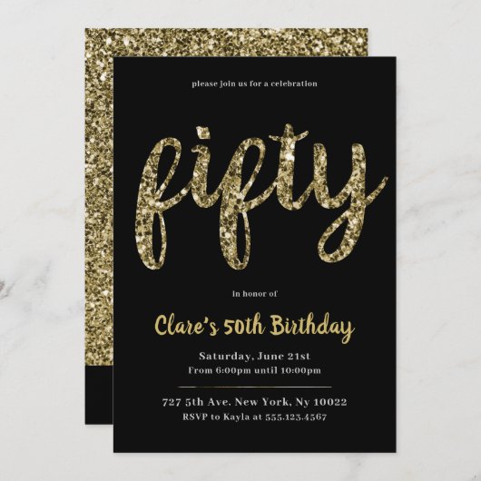 Gold Glitter 50th Birthday Invitations Kaart (Voorkant / Achterkant)