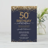 Gold Glitter 50th Birthday Party Invitation Kaart (Staand voorkant)
